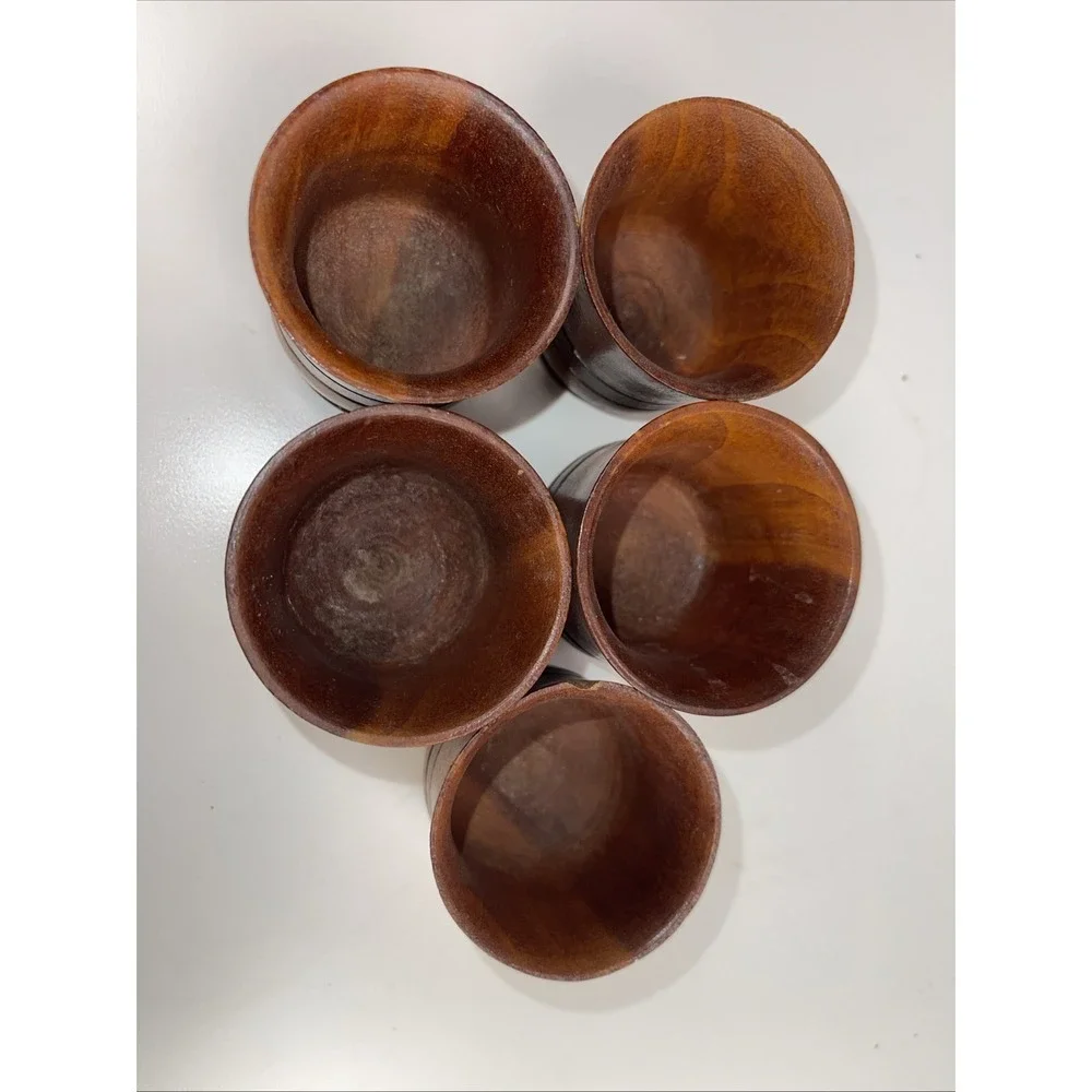 Vintage Boho Hand Carved Wooden 5 Shot Glasses